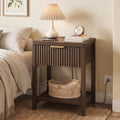 Aufeile Fluted Nightstand with Charging Station, Bedside Table with Drawer & Open Shelf, Small Wood Nightstand with 2 AC Outlets USB & Type-C, Bedroom Side Table, Walnut