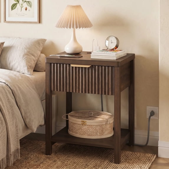Aufeile Fluted Nightstand with Charging Station, Bedside Table with Drawer & Open Shelf, Small Wood Nightstand with 2 AC Outlets USB & Type-C, Bedroom Side Table, Walnut