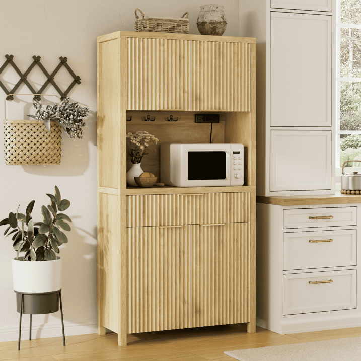 Aufeile 71" Tall Pantry with Drawer and Charging Station, Fluted Pantry Storage Cabinet with Adjustable Shelves for Kitchen Dining Room Living Room, Natural Oak