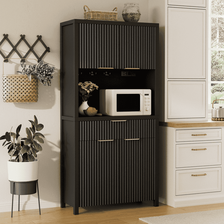 Aufeile Fluted Kitchen Pantry Storage Cabinet, 71" Tall Wood Pantry Hutch with 2 Adjustable Shelves & Drawer & Charging Station for Dining Room Hallway Living Room, Black