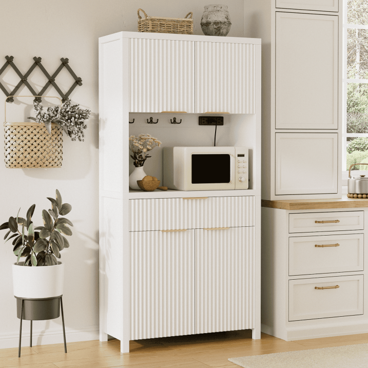 Aufeile 71" Tall Pantry Storage Cabinet with Drawer and Charging Station, Fluted Pantry Cabinet with Adjustable Shelves for Kitchen Dining Room Living Room, White