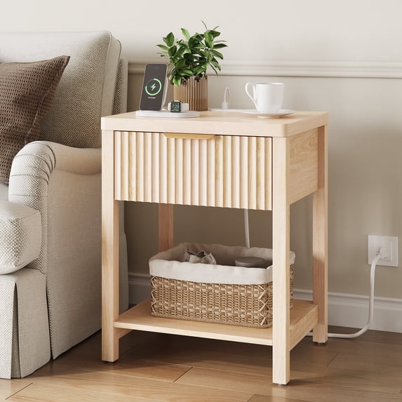 Aufeile Fluted Side Table with Charging Station, Modern End Table with Drawer & Open Shelf, 2 AC Outlets + USB & Type-C, Wood Accent Table for Living Room or Bedroom, Natural
