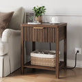 Aufeile Fluted Side Table with Charging Station, Modern End Table with Drawer & Open Shelf, 2 AC Outlets + USB & Type-C, Wood Accent Table for Living Room or Bedroom, Walnut