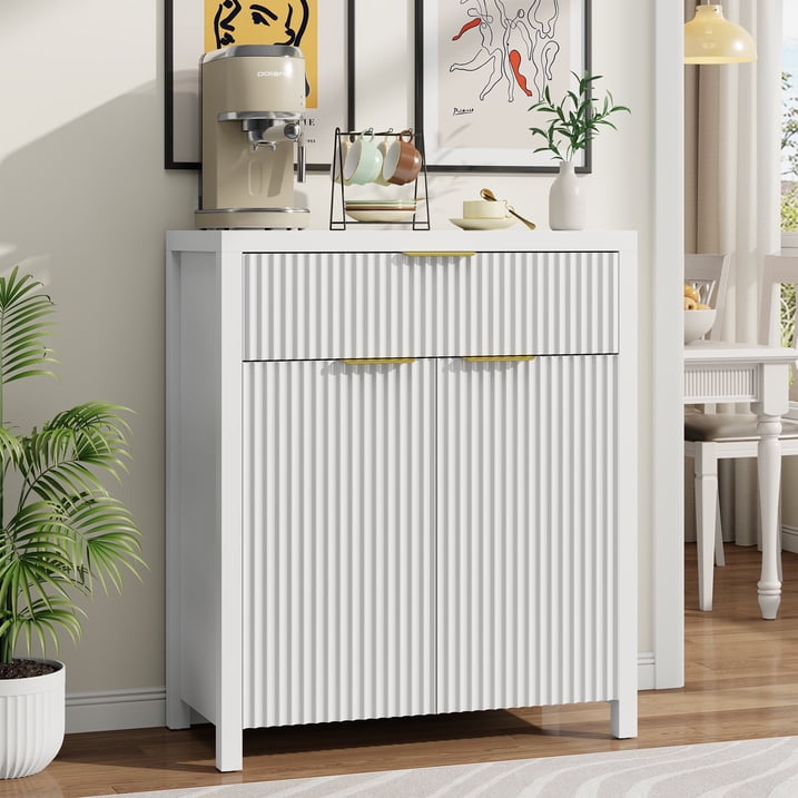 Aufeile Modern Sideboard with Drawer, White Fluted Buffet Cabinet with Adjustable Shelf, Storage Cabinet Home Furniture for Dining Living Room, Kitchen, Entryway