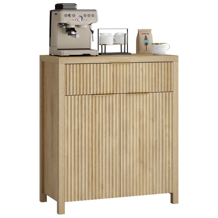 Aufeile Fluted Sideboard and Buffet, Accent Storage Cabinet with Adjustable Shelf for Dining room, Kitchen, Living room, Natural Oak