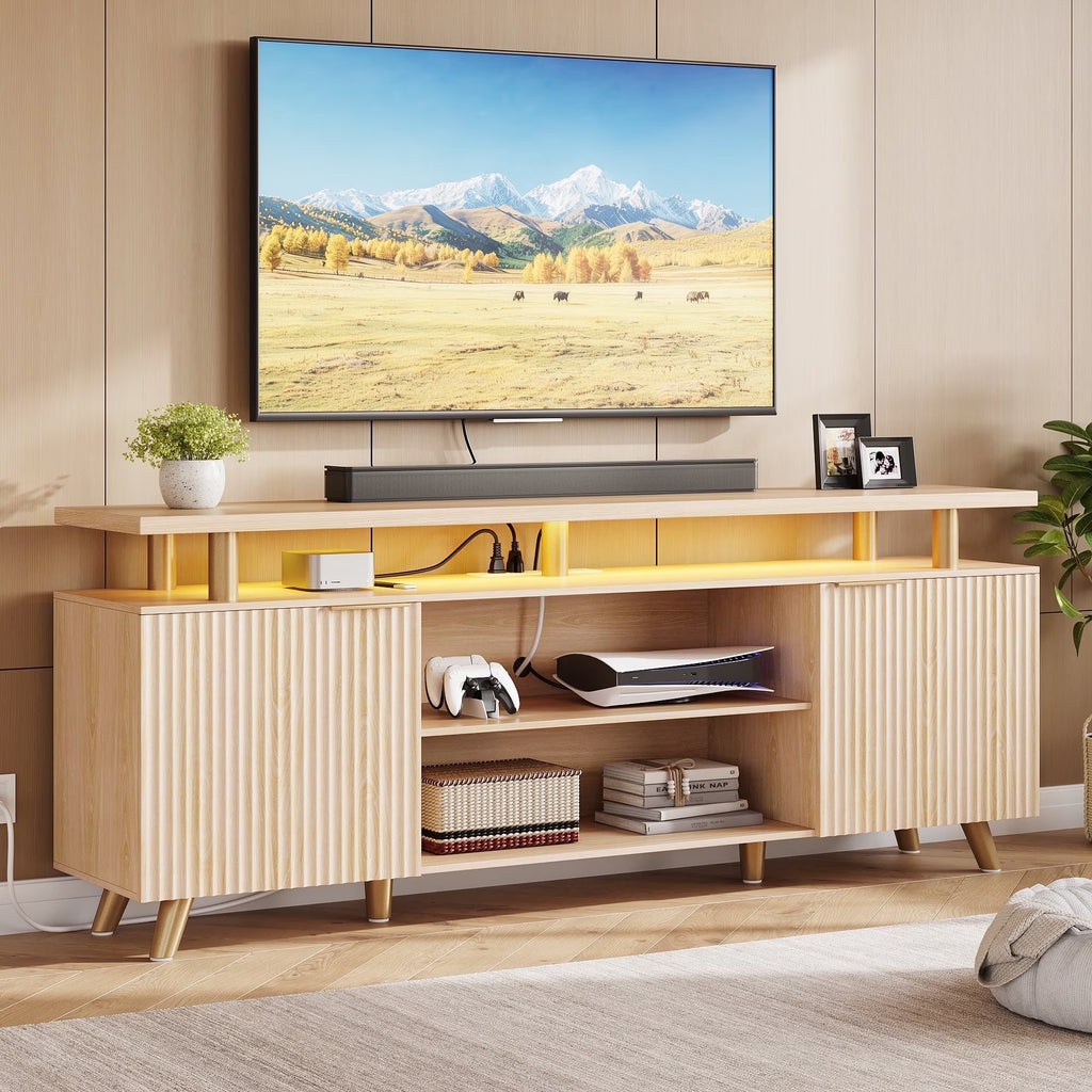 Aufeile Fluted TV Stand for TVs up to 65 Inch with Charging Station & LED Lights
