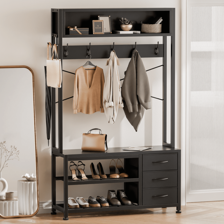 Aufeile Hall Tree with Bench, 5-in-1 Entryway Storage Organizer with Shoe Rack, 7 Hooks, 3 Drawers & Top Shelf, Industrial Coat Rack for Hallway, Living Room, Black