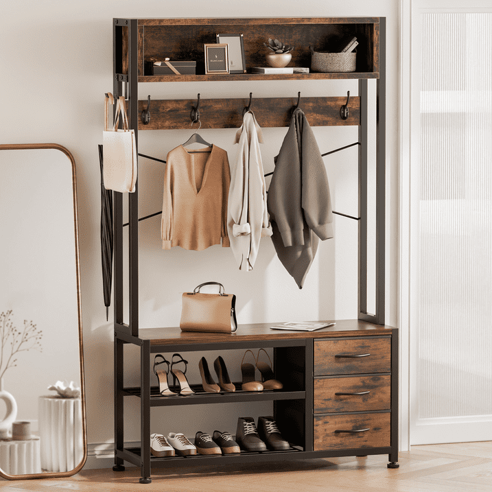 Aufeile Hall Tree with Bench, 5-in-1 Entryway Storage Organizer with Shoe Rack, 7 Hooks, 3 Drawers & Top Shelf, Industrial Coat Rack for Hallway, Living Room, Brown