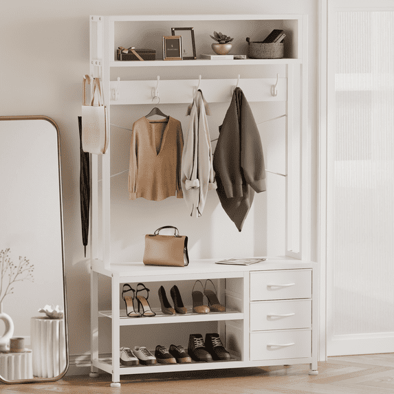 Aufeile Hall Tree with Bench, 5-in-1 Entryway Storage Organizer with Shoe Rack, 7 Hooks, 3 Drawers & Top Shelf, Industrial Coat Rack for Hallway, Living Room, White