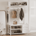 Aufeile Hall Tree with Bench, 5-in-1 Entryway Storage Organizer with Shoe Rack, 7 Hooks, 3 Drawers & Top Shelf, Industrial Coat Rack for Hallway, Living Room, White