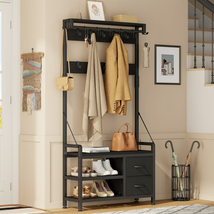 Aufeile Hall Tree with Bench, 6-in-1 Entryway Storage Organizer with Shoe Rack, 17 Hooks, 2 Drawers, Hanging Rod & Top Shelf, Industrial Coat Rack for Hallway, Living Room, Black
