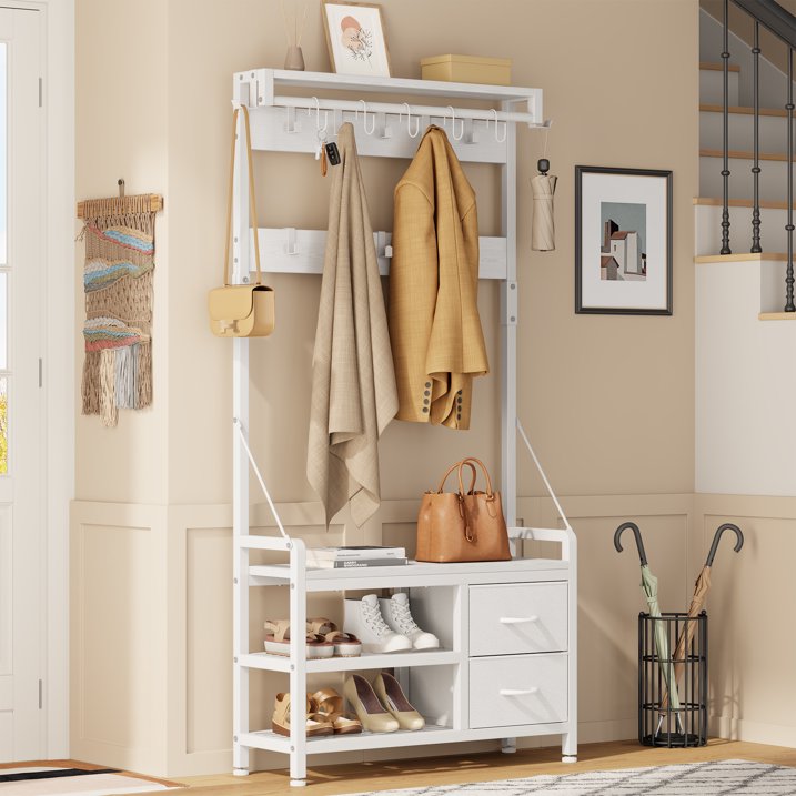 Aufeile Hall Tree with Bench, 6-in-1 Entryway Storage Organizer with Shoe Rack, 17 Hooks, 2 Drawers, Hanging Rod & Top Shelf, Industrial Coat Rack for Hallway, Living Room, White