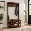 Aufeile Hall Tree with Bench and Shoe Storage, 70.8" Tall Entryway Bench and Coat Rack with 5 Hooks, Wooden Entry Hall Tree for Mudroom, Hallway, Brown
