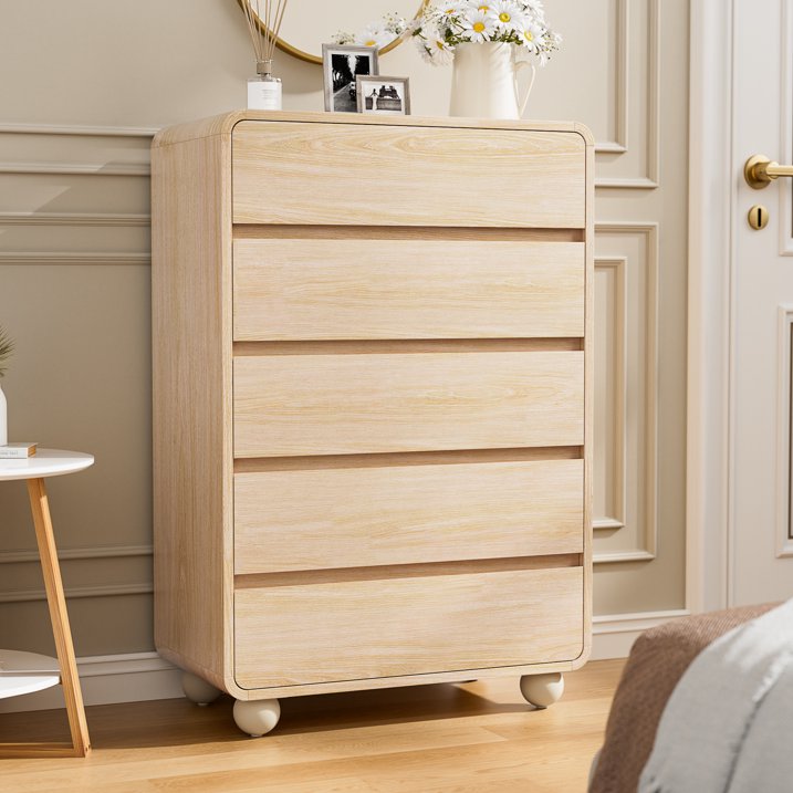 Aufeile 41" Tall Dresser for Bedroom, 5 Drawer Wood Dresser with Curved Profile, Modern Vertical Chest of Drawers, Slim Storage Dresser for Bedroom, Living Room & Entryway, Natural
