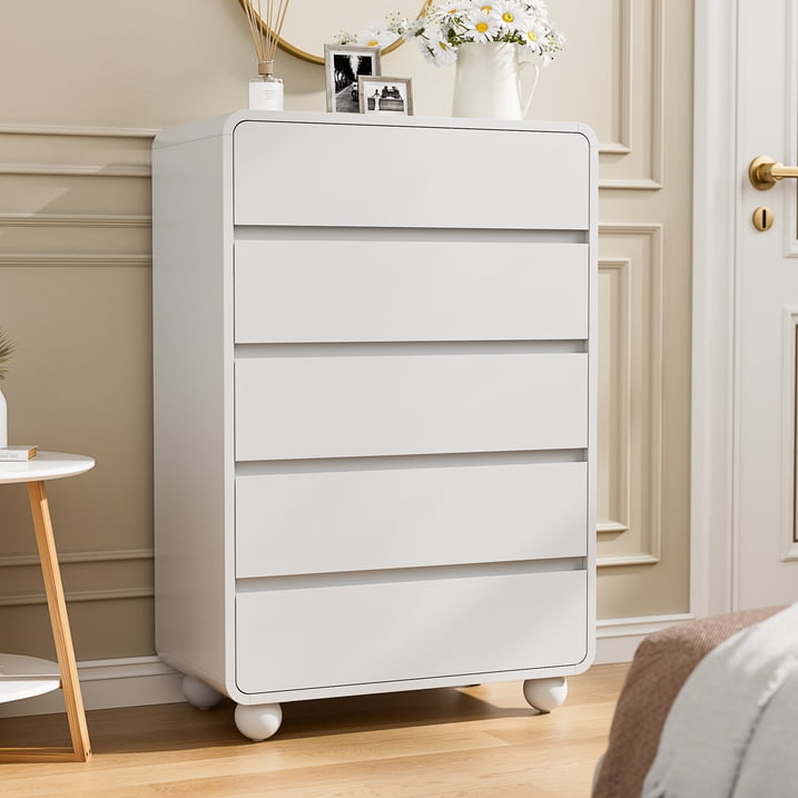 Aufeile 41" Tall Dresser for Bedroom, 5 Drawer Modern Wood Dresser with Curved Profile, Chest of Drawers for Bedroom, Vertical Storage Cabinet for Living Room, Entryway, White