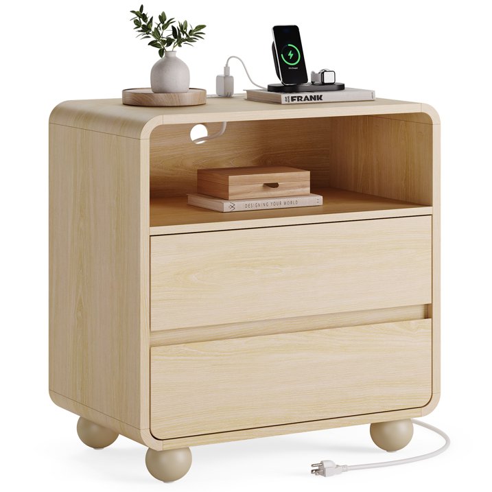 Aufeile Modern Curved Nightstand with Charging Station, 23.6" Wide Bedside Table with 2 Drawers & Open Shelf, Wooden Night Stand with USB & Type-C Ports for Bedroom or Living Room, Natural