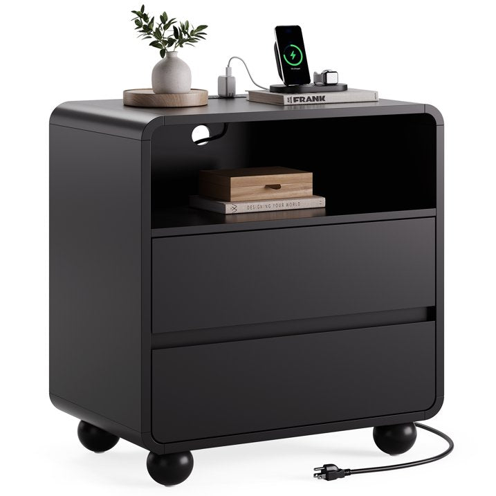 Aufeile Modern Curved Nightstand with Charging Station, 23.6" Wide Bedside Table with 2 Drawers & Open Shelf, Wooden Night Stand with USB & Type-C Ports for Bedroom or Living Room, Black