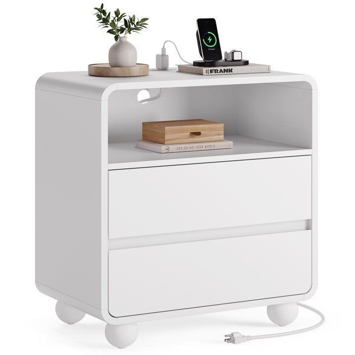 Aufeile Modern Curved Nightstand with Charging Station, 23.6" Wide Bedside Table with 2 Drawers & Open Shelf, Wooden Night Stand with USB & Type-C Ports for Bedroom or Living Room, White
