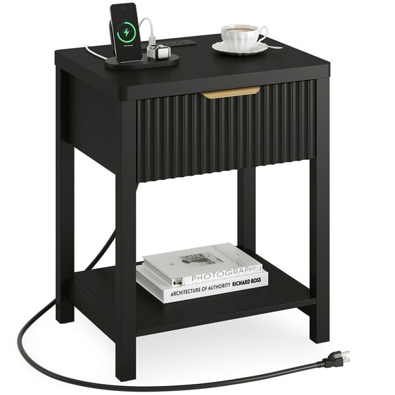 Aufeile Modern Fluted Bedside Table with Charging Station, Wood Nightstand with Drawer & Open Shelf, End Table with AC Outlets, USB & Type-C for Bedroom or Living Room, Black