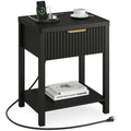 Aufeile Modern Fluted Bedside Table with Charging Station, Wood Nightstand with Drawer & Open Shelf, End Table with AC Outlets, USB & Type-C for Bedroom or Living Room, Black
