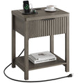 Aufeile Modern Fluted Bedside Table with Charging Station, Wood Nightstand with Drawer & Open Shelf, End Table with AC Outlets, USB & Type-C for Bedroom or Living Room, Dark Grey Oak