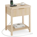 Aufeile Modern Fluted Bedside Table with Charging Station, Wood Nightstand with Drawer & Open Shelf, End Table with AC Outlets, USB & Type-C for Bedroom or Living Room, Natural