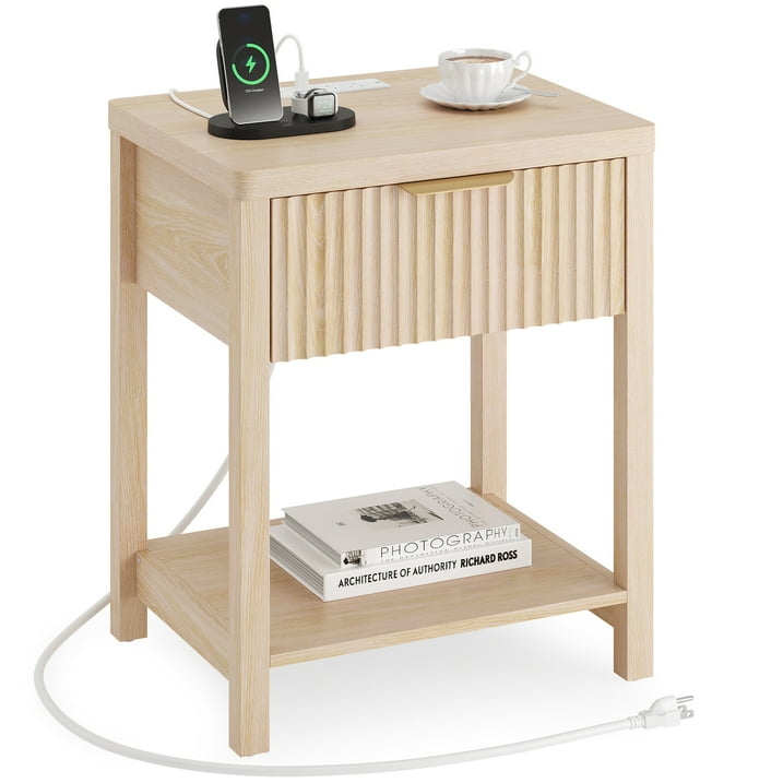 Aufeile Modern Fluted Bedside Table with Charging Station, Wood Nightstand with Drawer & Open Shelf, End Table with AC Outlets, USB & Type-C for Bedroom or Living Room, Natural