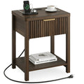 Aufeile Modern Fluted Bedside Table with Charging Station, Wood Nightstand with Drawer & Open Shelf, End Table with AC Outlets, USB & Type-C for Bedroom or Living Room, Walnut