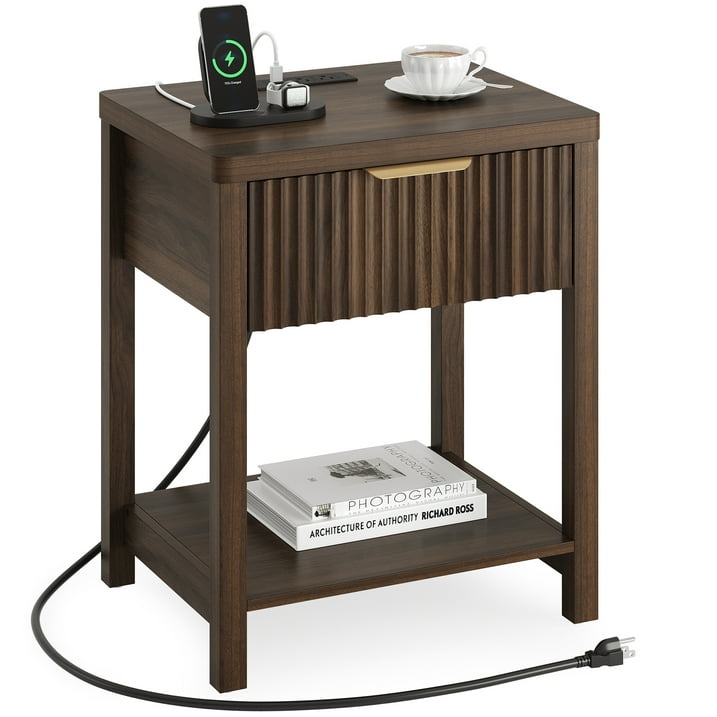Aufeile Modern Fluted Bedside Table with Charging Station, Wood Nightstand with Drawer & Open Shelf, End Table with AC Outlets, USB & Type-C for Bedroom or Living Room, Walnut