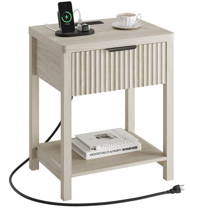 Aufeile Modern Fluted Bedside Table with Charging Station, Wood Nightstand with Drawer & Open Shelf, End Table with AC Outlets, USB & Type-C for Bedroom or Living Room, White Oak