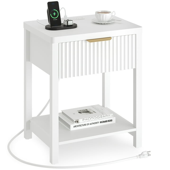 Aufeile Modern Fluted Bedside Table with Charging Station, Wood Nightstand with Drawer & Open Shelf, End Table with AC Outlets, USB & Type-C for Bedroom or Living Room, White