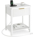 Aufeile Modern Fluted Bedside Table with Charging Station, Wood Nightstand with Drawer & Open Shelf, End Table with AC Outlets, USB & Type-C for Bedroom or Living Room, White