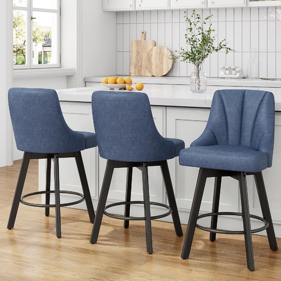 Aufeile Modern Swivel Bar Stools, 24" Counter Height Kitchen Island Chairs with Back, PU Leather Upholstered Barstools, Blue Set of 3