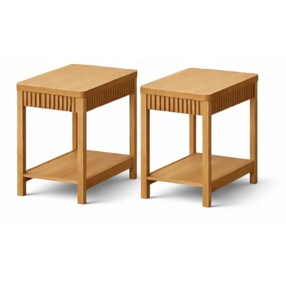 Aufeile Narrow End Tables Set of 2, 11.8" Side Tables for Small Spaces, 2-Tier Slim Nightstands with Open Storage Shelf, Fluted Bedside Tables for Living Room Bedroom Sofa, Natural