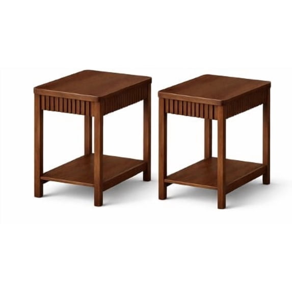 Aufeile Narrow End Tables Set of 2, 11.8" Side Tables for Small Spaces, 2-Tier Slim Nightstands with Open Storage Shelf, Fluted Bedside Tables for Living Room Bedroom Sofa, Walnut