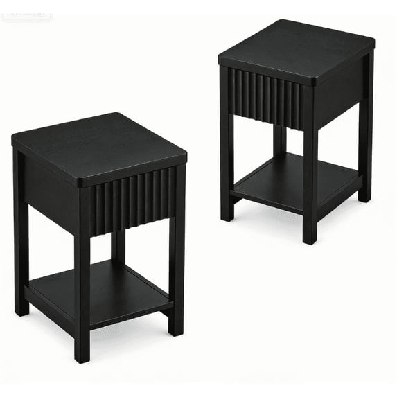 Aufeile Narrow Nightstands for Bedroom Set of 2 with Charging Station, Slim Fluted Night Stands with Drawer & Open Shelf, Small Wood Bedside Tables for Small Spaces, Black