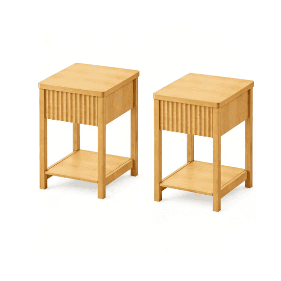 Aufeile Narrow Nightstands for Bedroom Set of 2 with Charging Station, Slim Fluted Night Stands with Drawer & Open Shelf, Small Wood Bedside Tables for Small Spaces, Natural