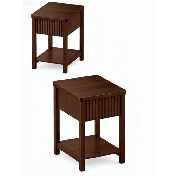 Aufeile Narrow Nightstands for Bedroom Set of 2 with Charging Station, Slim Fluted Night Stands with Drawer & Open Shelf, Small Wood Bedside Tables for Small Spaces, Walnut