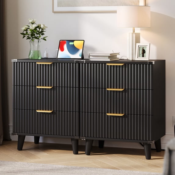 Aufeile Nightstand Set of 2 for Bedroom, Modern Fluted Nightstands with Charging Station, 3 Drawer Wood Bedside Table & End Tables for Bedroom, Living Room, Black