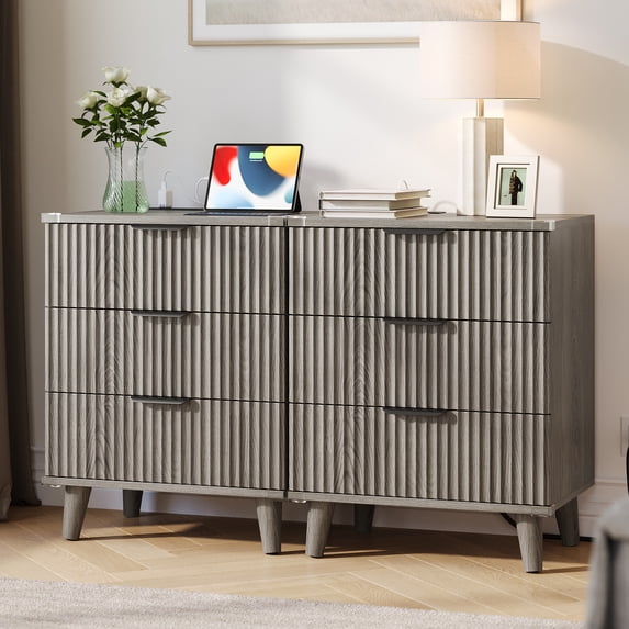Aufeile Nightstand Set of 2 for Bedroom, Modern Fluted Nightstands with Charging Station, 3 Drawer Wood Bedside Table & End Tables for Bedroom, Living Room, Dark Gray