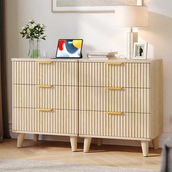 Aufeile Nightstand Set of 2 for Bedroom, Modern Fluted Nightstands with Charging Station, 3 Drawer Wood Bedside Table & End Tables for Bedroom, Living Room, Natural