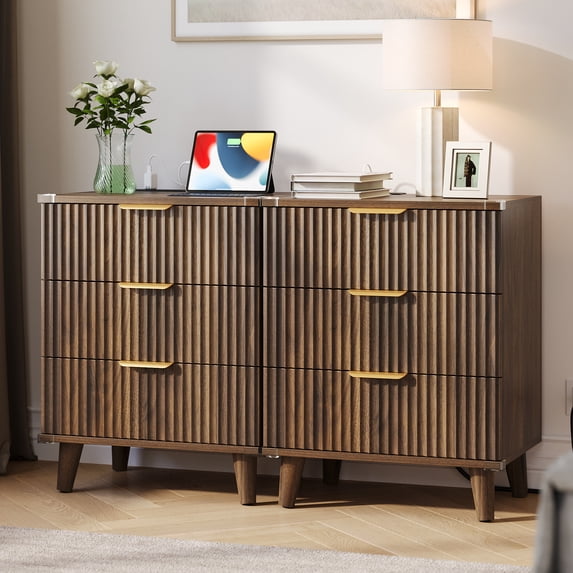 Aufeile Nightstand Set of 2 for Bedroom, Modern Fluted Nightstands with Charging Station, 3 Drawer Wood Bedside Table & End Tables for Bedroom, Living Room, Walnut