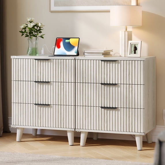 Aufeile Nightstand Set of 2 for Bedroom, Modern Fluted Nightstands with Charging Station, 3 Drawer Wood Bedside Table & End Tables for Bedroom, Living Room, White Oak