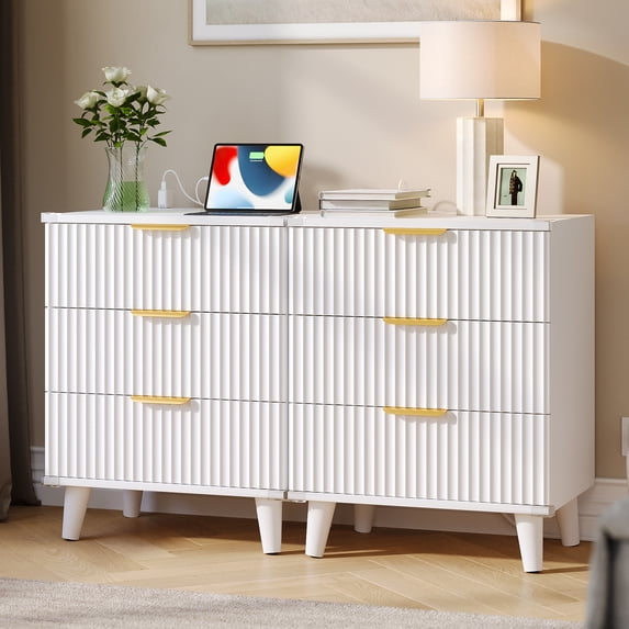 Aufeile Nightstand Set of 2 for Bedroom, Modern Fluted Nightstands with Charging Station, 3 Drawer Wood Bedside Table & End Tables for Bedroom, Living Room, White