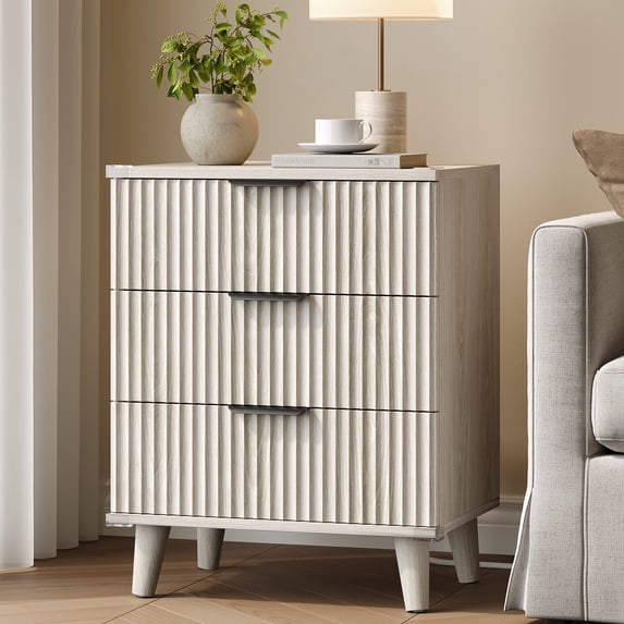 Aufeile Nightstand with Charging Station, 3 Drawer Nightstand for Bedroom, Fluted Bedside Table with USB Ports, Modern Wood Bedroom Side Table with Drawers, White Oak