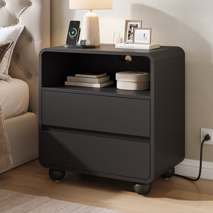 Aufeile Nightstand for Bedroom with Charging Station, 23.6" Wide Bedside Table with 2 Drawers & Open Shelf, Curved Wood Night Stand with USB & Type-C for Bedroom or Living Room, Black