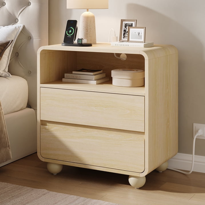Aufeile Nightstand for Bedroom with Charging Station, 23.6" Wide Bedside Table with 2 Drawers & Open Shelf, Curved Wood Night Stand with USB & Type-C for Bedroom or Living Room, Natural