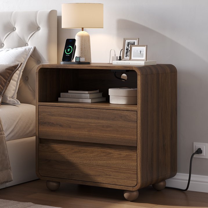 Aufeile Nightstand for Bedroom with Charging Station, 23.6" Wide Bedside Table with 2 Drawers & Open Shelf, Curved Wood Night Stand with USB & Type-C for Bedroom or Living Room, Walnut