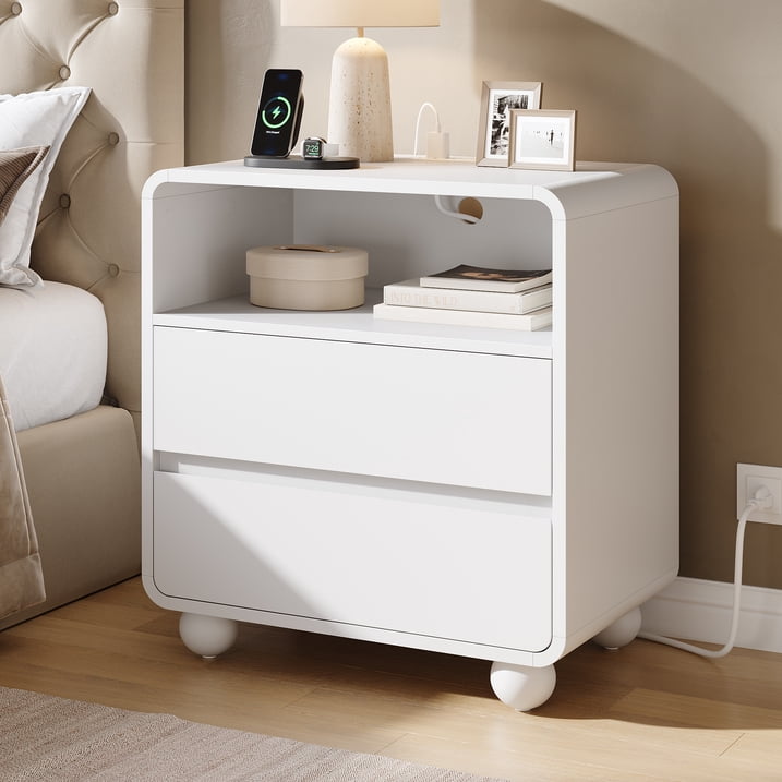 Aufeile Nightstand for Bedroom with Charging Station, 23.6" Wide Bedside Table with 2 Drawers & Open Shelf, Curved Wood Night Stand with USB & Type-C for Bedroom or Living Room, White