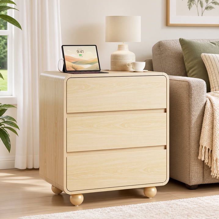 Aufeile Nightstand for Bedroom with Charging Station, 23.6" Wide Bedside Table with 3 Drawers & Open Shelf, Curved Wood Night Stand for Bedroom or Living Room, Natural